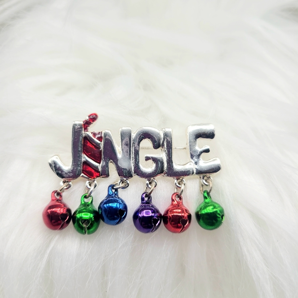 Vintage Holiday Brooch - Silver Jingle Bells with Dangling Colorful Bells